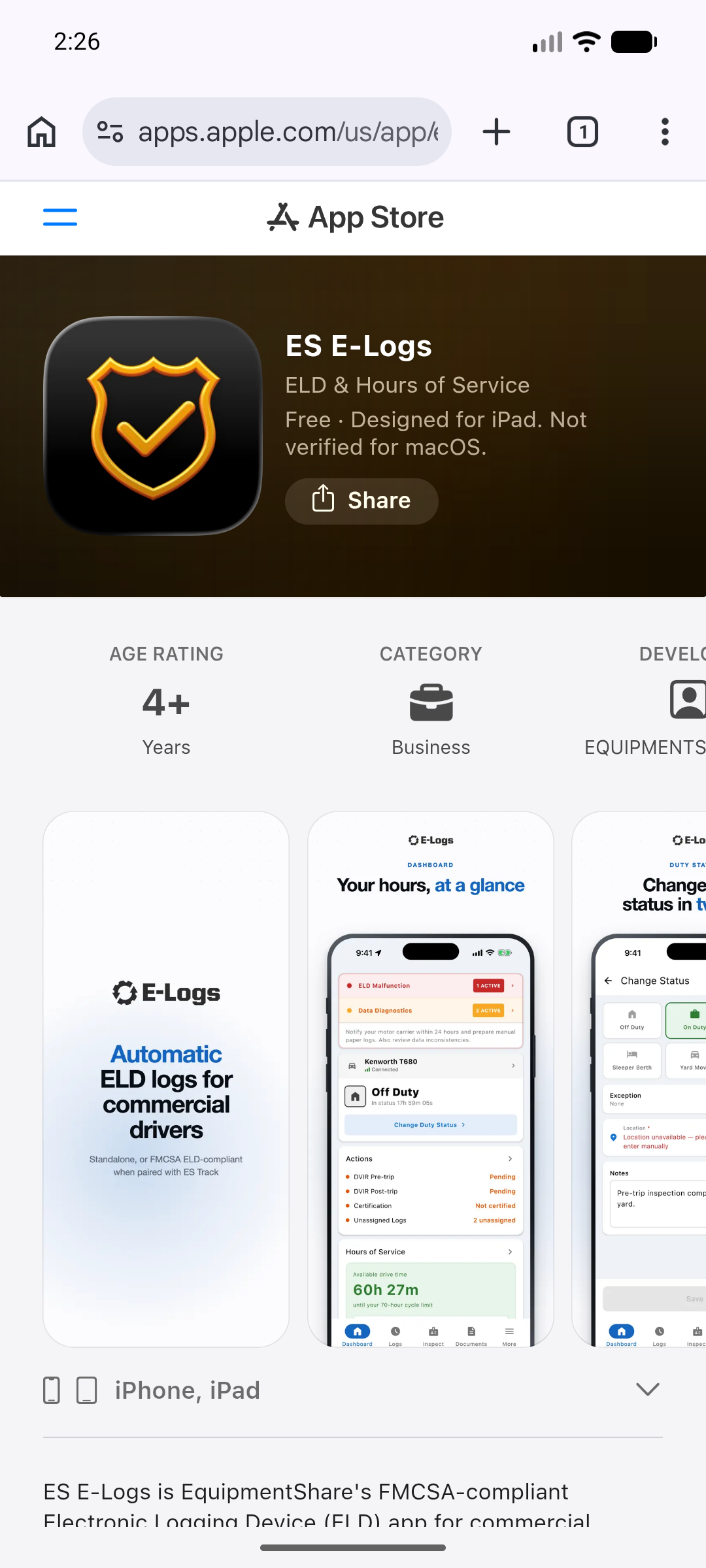 The ES E-Logs listing on the Apple App Store in a phone browser, showing the shield app icon, the subtitle ELD and Hours of Service, a 4 plus age rating, the Business category, and the preview screenshots