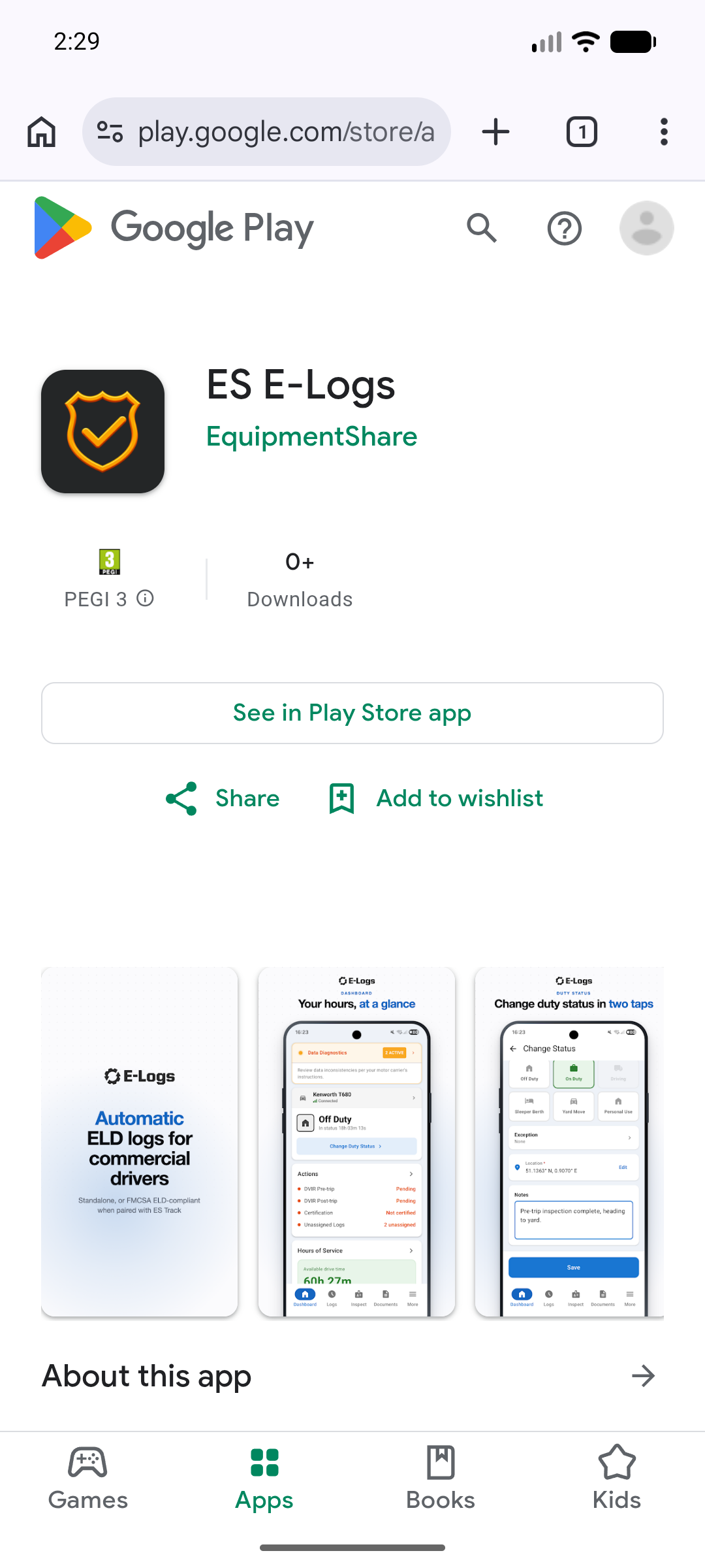 The ES E-Logs listing on Google Play in a phone browser, showing the shield app icon, the EquipmentShare developer name, a PEGI 3 rating, a See in Play Store app button, and the preview screenshots