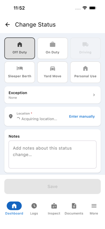 Change duty status screen