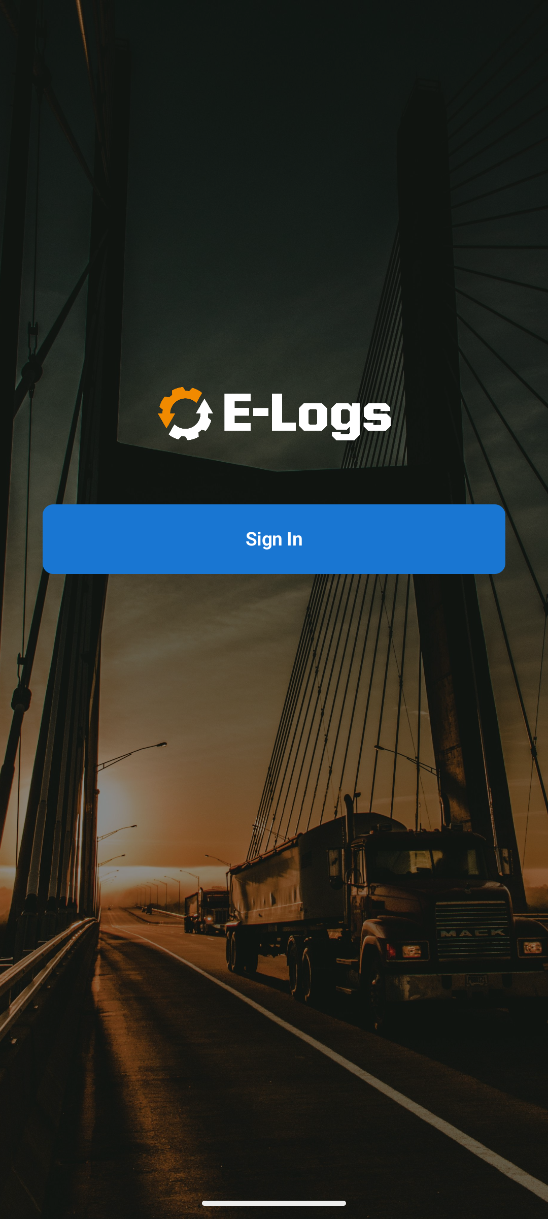 ES E-Logs welcome screen with the E-Logs logo over a photo of a truck on a bridge, and a single blue Sign In button