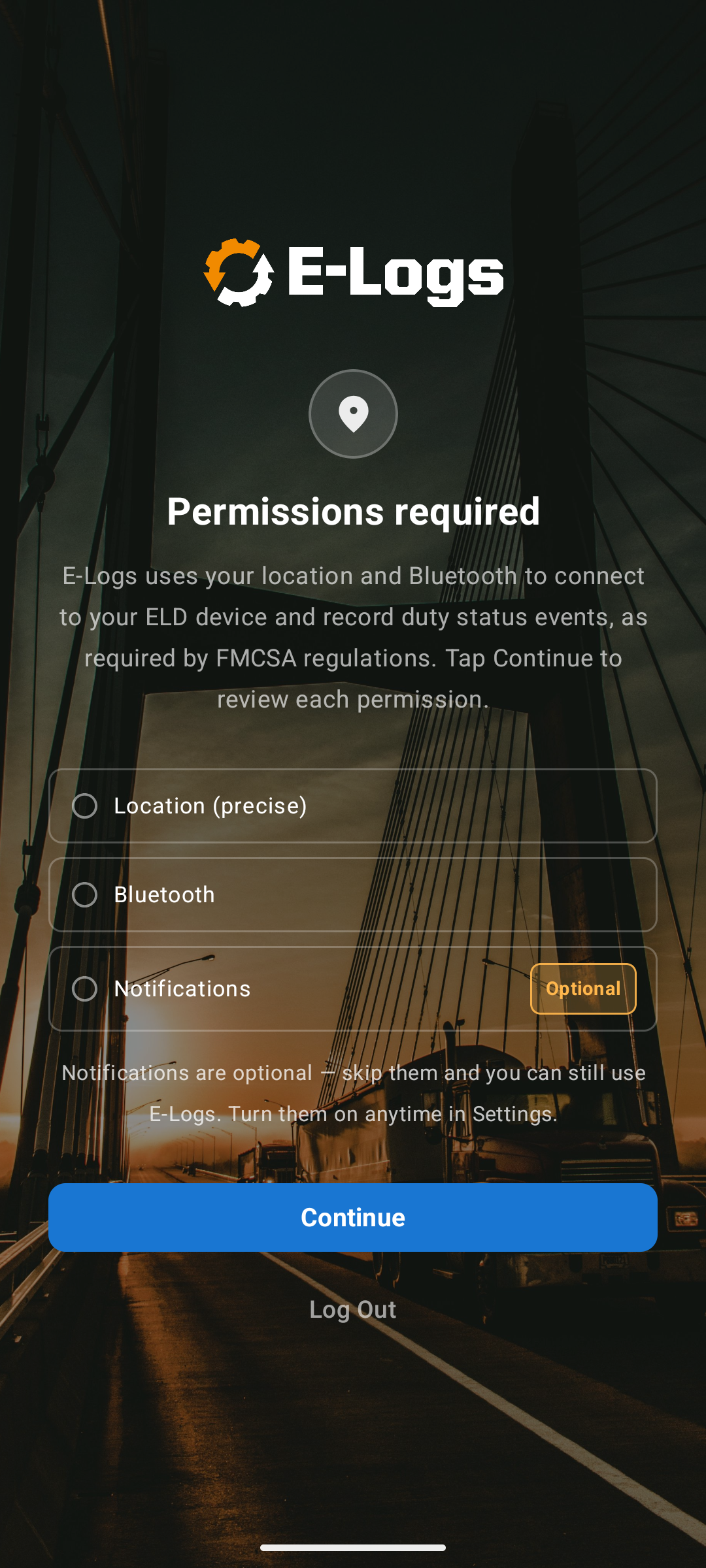 Permissions required screen on Android listing Location (precise), Bluetooth, and Notifications marked Optional, above a Continue button and a Log Out link