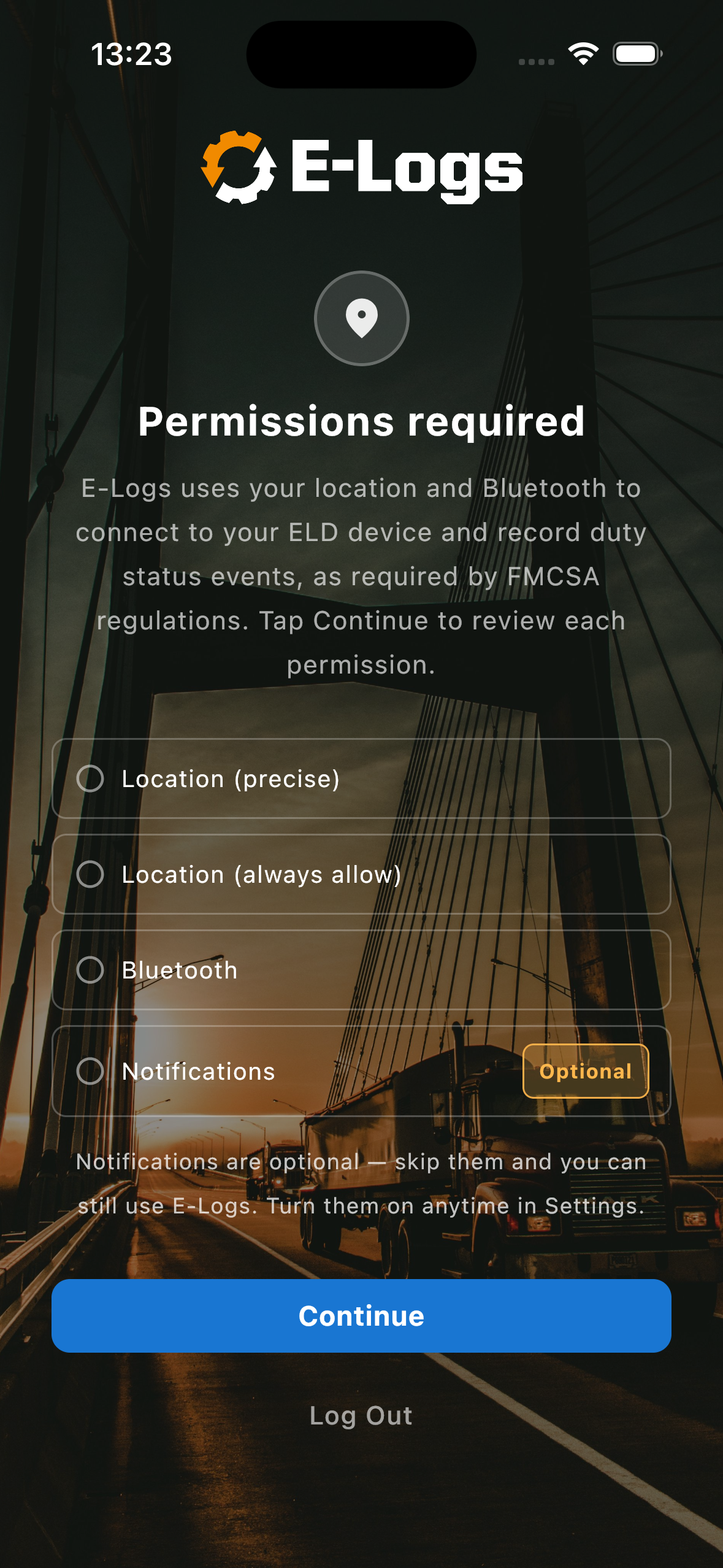 Permissions required screen on iPhone listing Location (precise), Location (always allow), Bluetooth, and Notifications marked Optional, all still ungranted, above a Continue button and a Log Out link