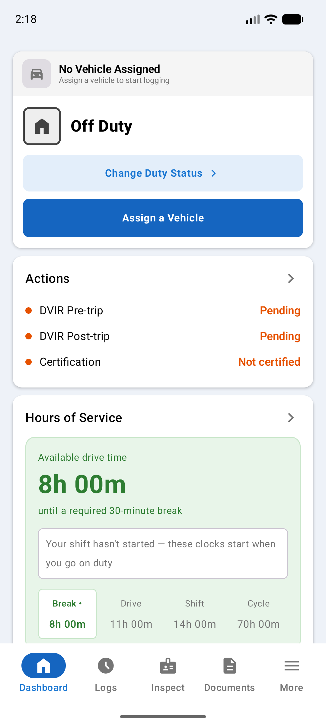 Dashboard with no vehicle assigned, showing the Off Duty status, a Change Duty Status button, and an Assign a Vehicle button