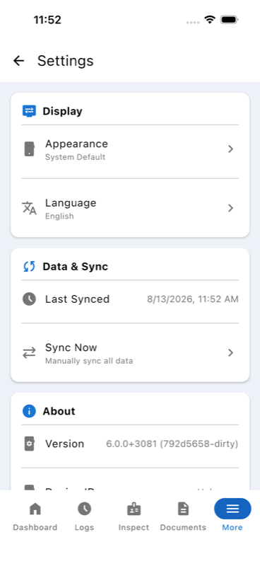 Settings screen