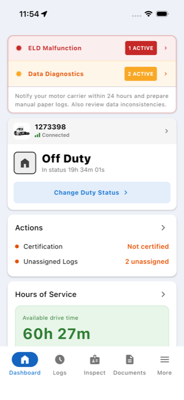 Dashboard with malfunction and diagnostic indicators