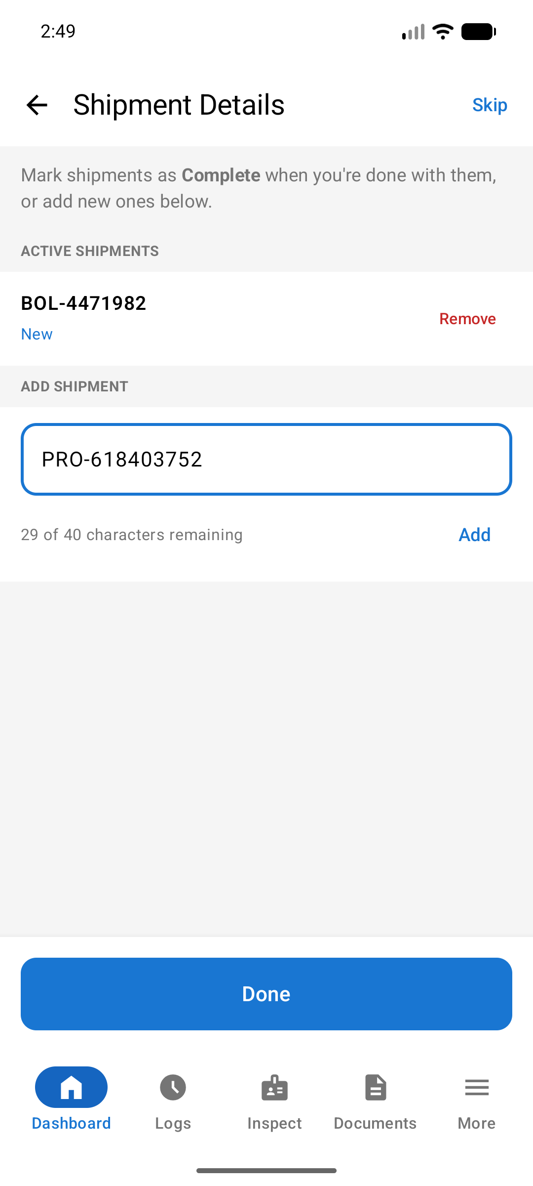 Shipment Details screen with one active shipment, BOL-4471982, marked New with a Remove link, a second document typed into the Add Shipment field, and a Done button