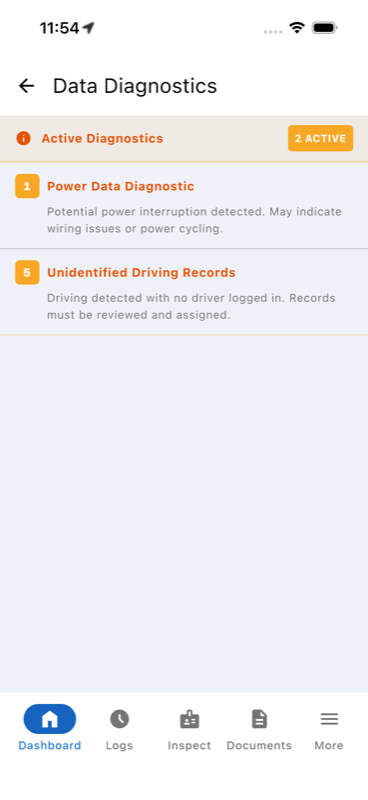 Data Diagnostics detail screen
