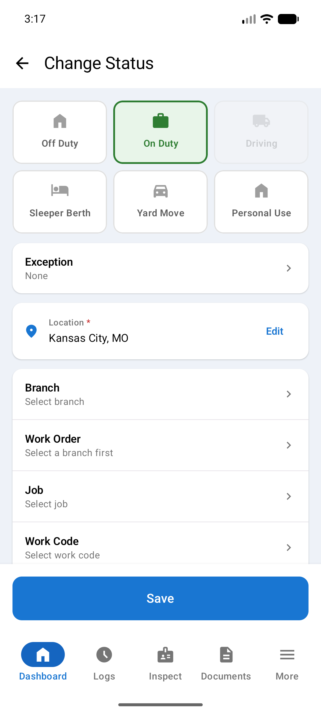 Change Status screen with six status tiles, On Duty selected and Driving greyed out, then an Exception row, a required Location row, and Branch, Work Order, Job and Work Code rows above an enabled Save button