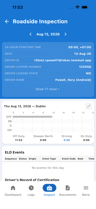 Roadside Display, HOS chart and event list