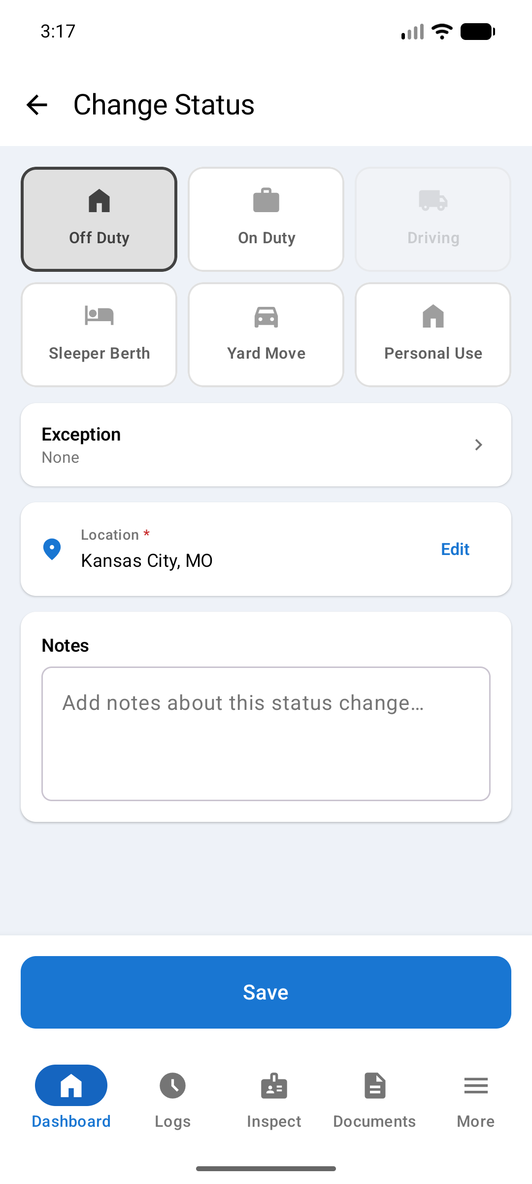 Change Status screen with Off Duty selected, an Exception row, a required Location row, and a Notes box, with no work tracking rows