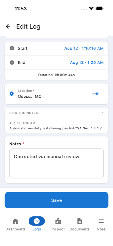Edit Log Entry form