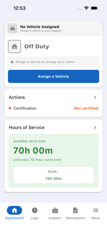 Dashboard, no vehicle assigned