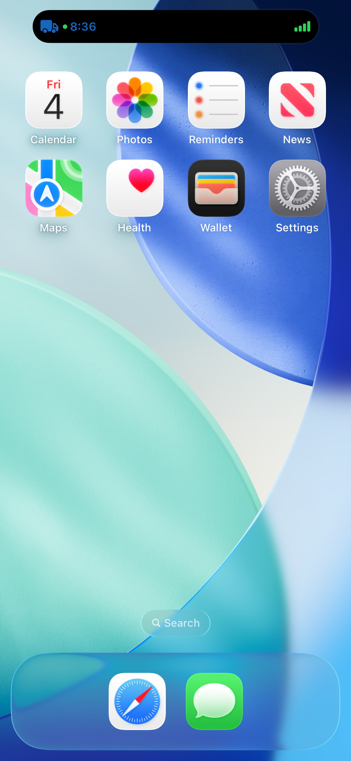 iPhone home screen with the E-Logs activity shown as a compact Dynamic Island pill: a truck icon, a green moving dot, the drive timer at 8:36, and signal bars