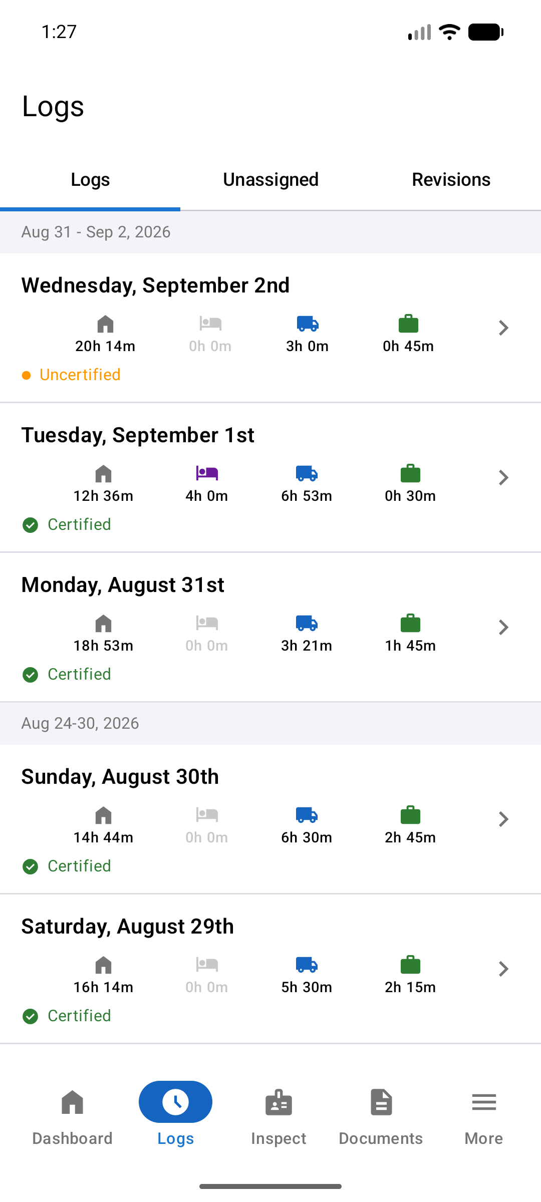 Logs list with one row per day, four duty-status totals on each row, and a certified or uncertified marker