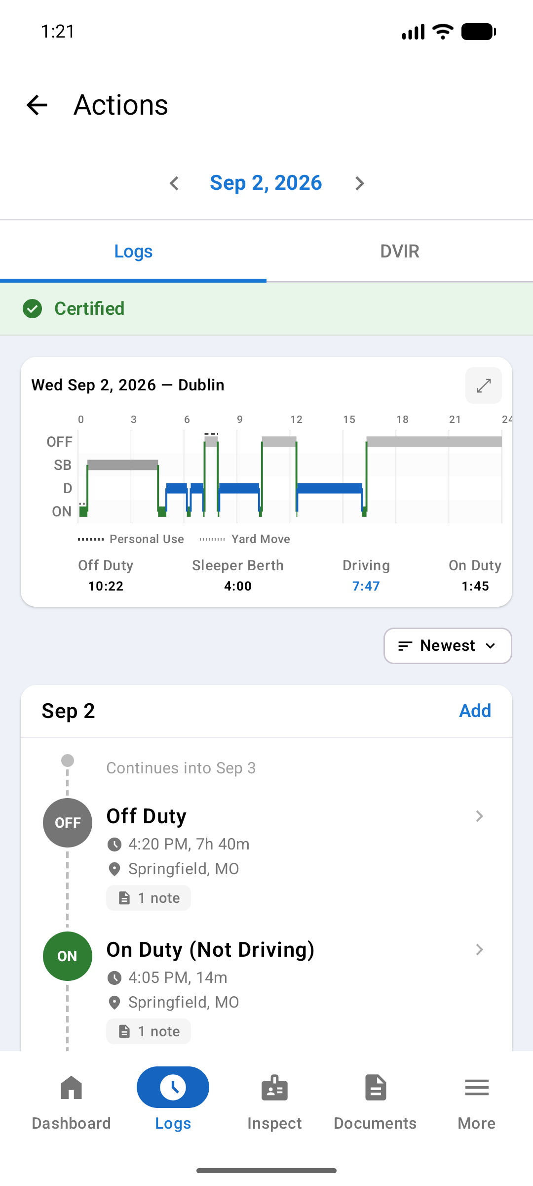 Log detail with the 24-hour chart, duty status totals, and the top of the event timeline
