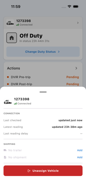 Vehicle detail sheet showing connection info
