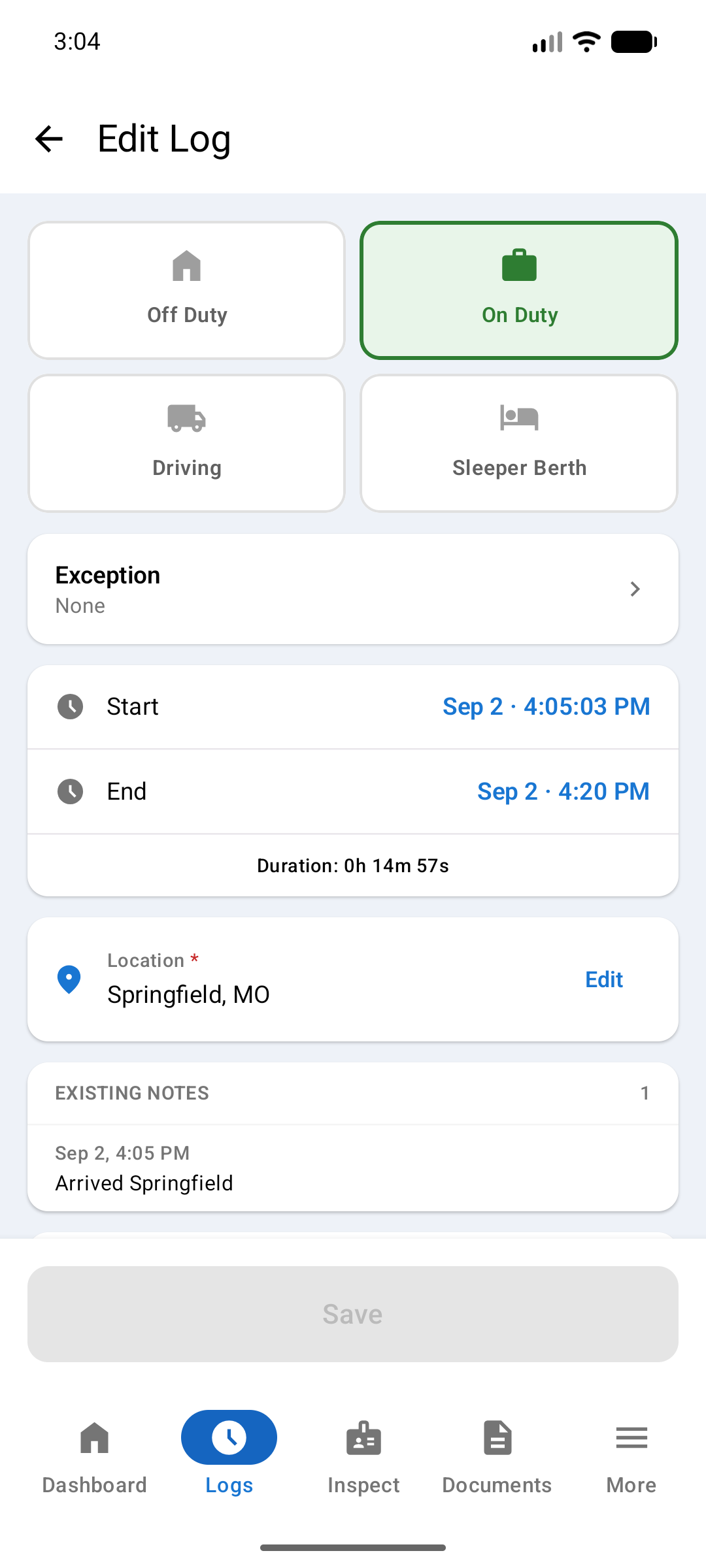 Edit Log screen with four status tiles and On Duty selected, an Exception row, editable Start and End times with the duration below them, a required Location row, and the existing note on the entry