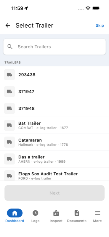 Select Trailer screen
