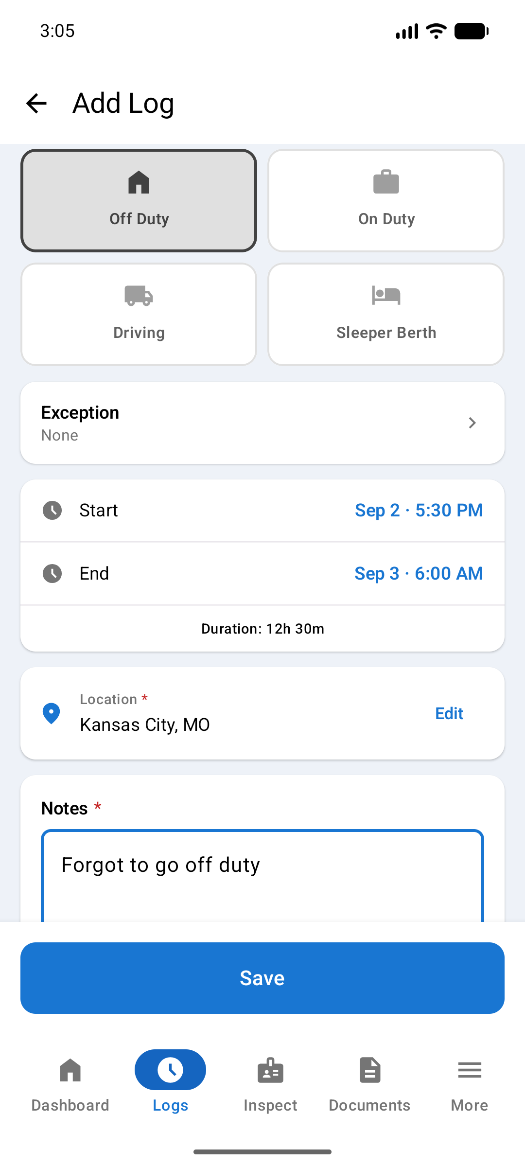 Add Log screen with Off Duty selected, an Exception row, Start and End times with a 12h 30m duration, a required Location row, and a required Notes box filled in above the Save button