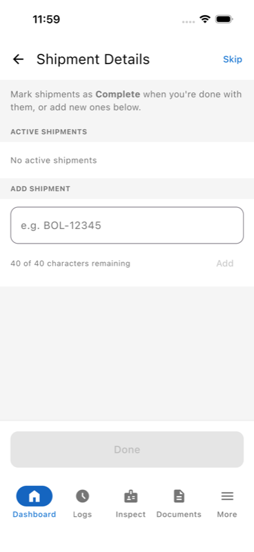 Shipment Details, BOL entry