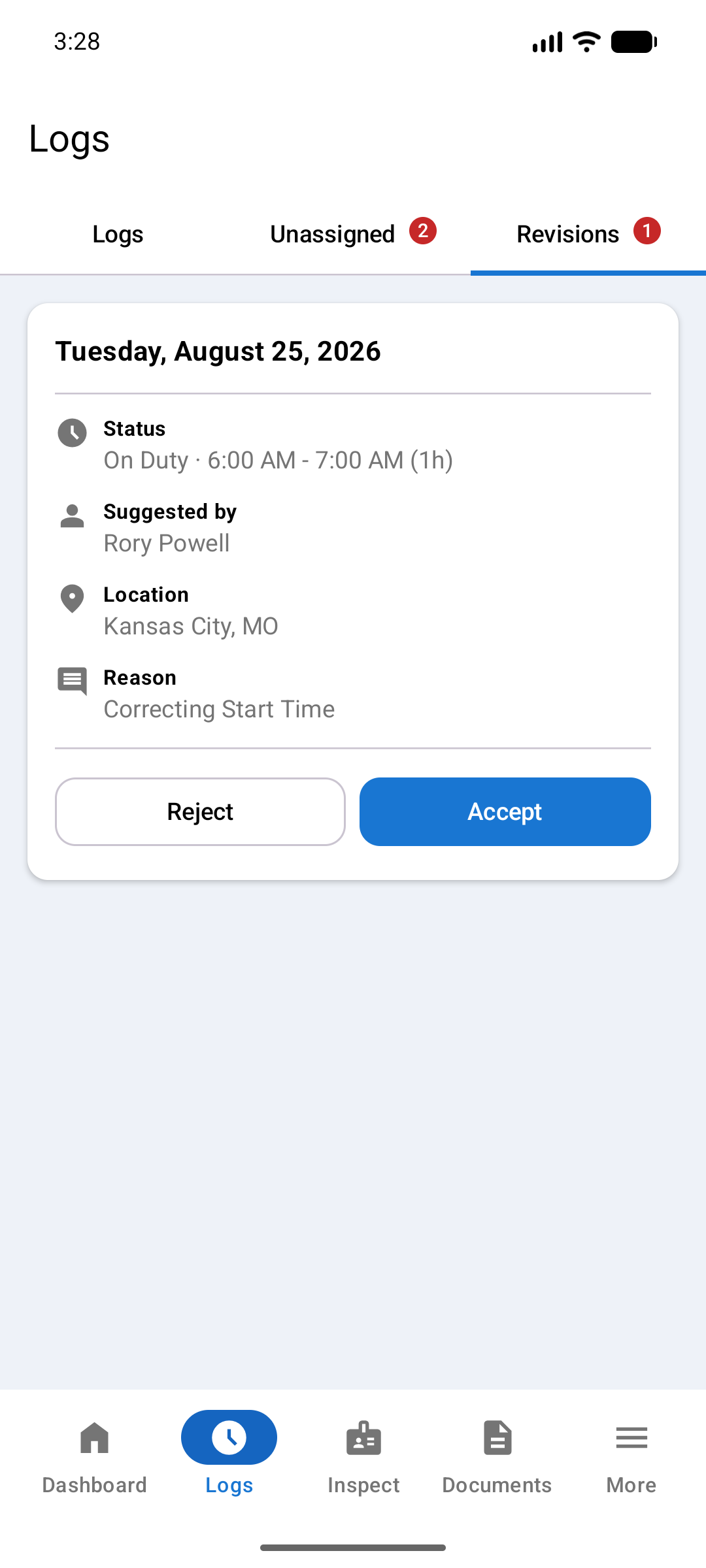 Logs screen on the Revisions tab with one suggested revision card showing the date, an On Duty status with its time range and duration, who suggested it, the location, the reason, and Reject and Accept buttons