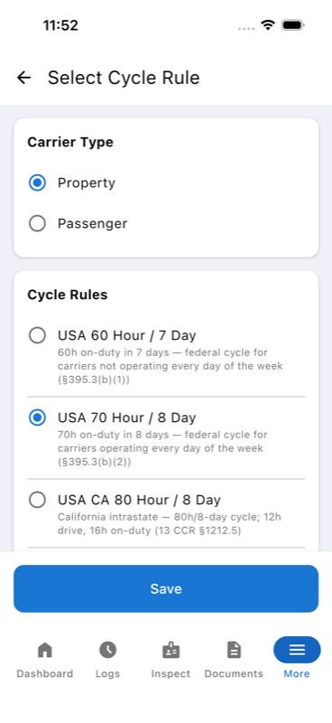 Select Cycle Rule screen