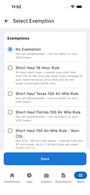 Select Exemption screen