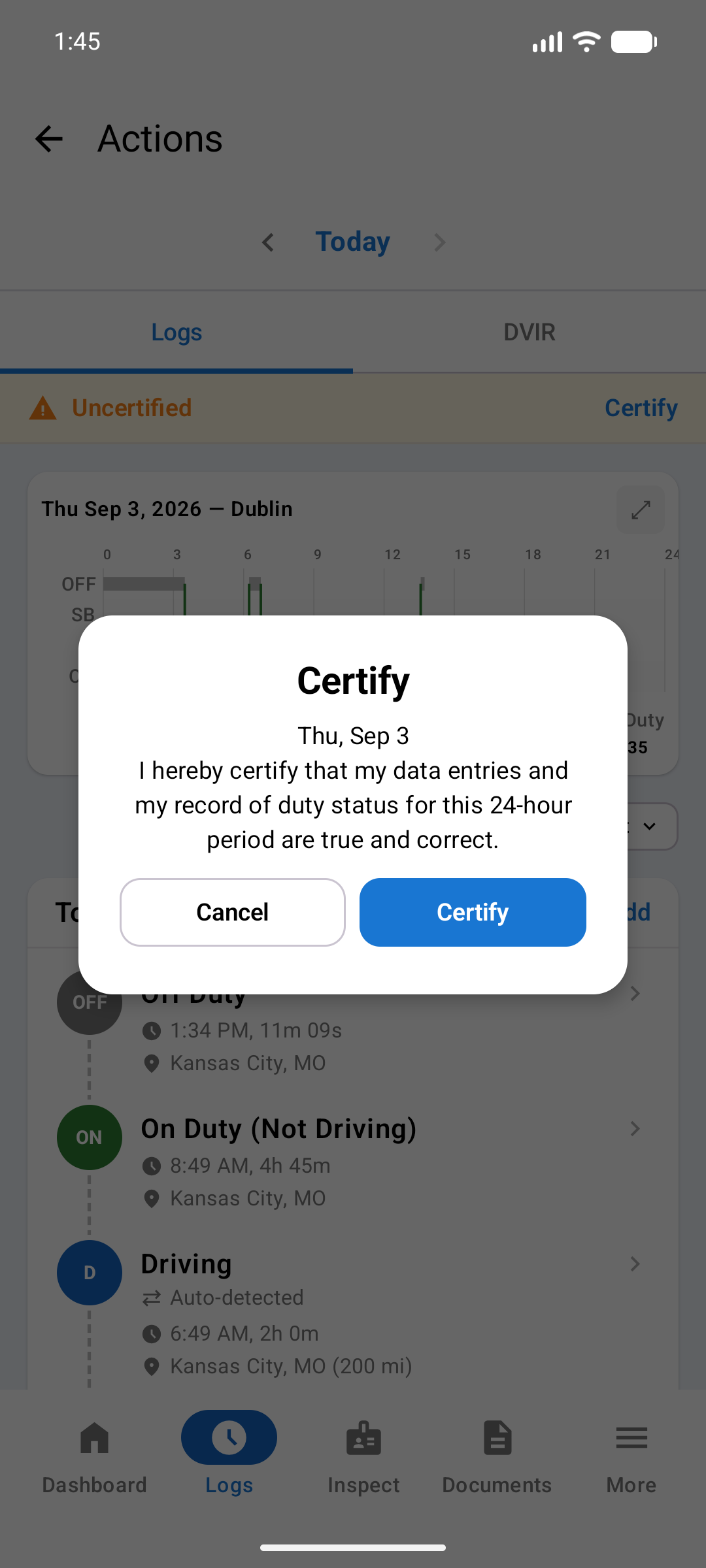 Certify dialog showing the date and the certification statement, with Not ready and Agree buttons