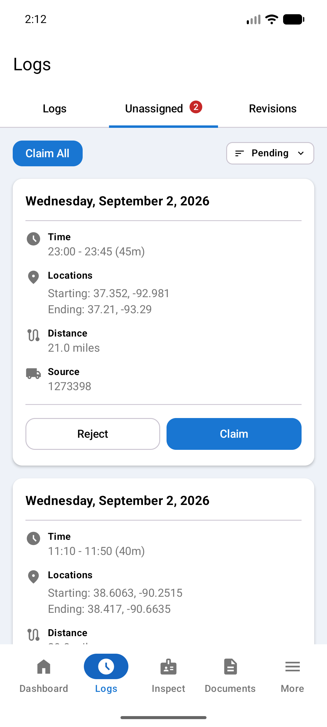 Unassigned tab on the Pending filter, listing two unassigned driving periods with their time, locations, distance and source, each with Reject and Claim buttons