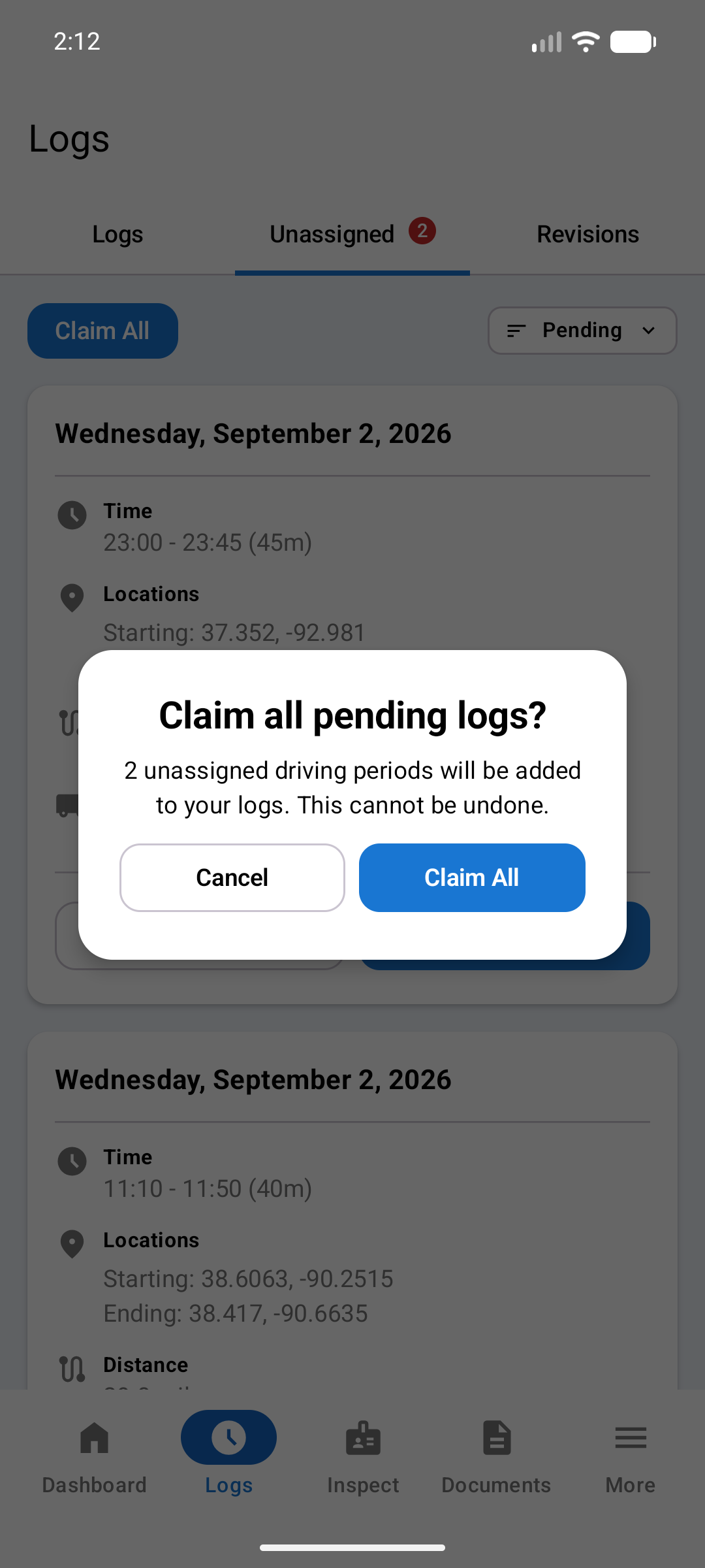 Claim all pending logs dialog warning that two unassigned driving periods will be added to your logs and cannot be undone, with Cancel and Claim All buttons