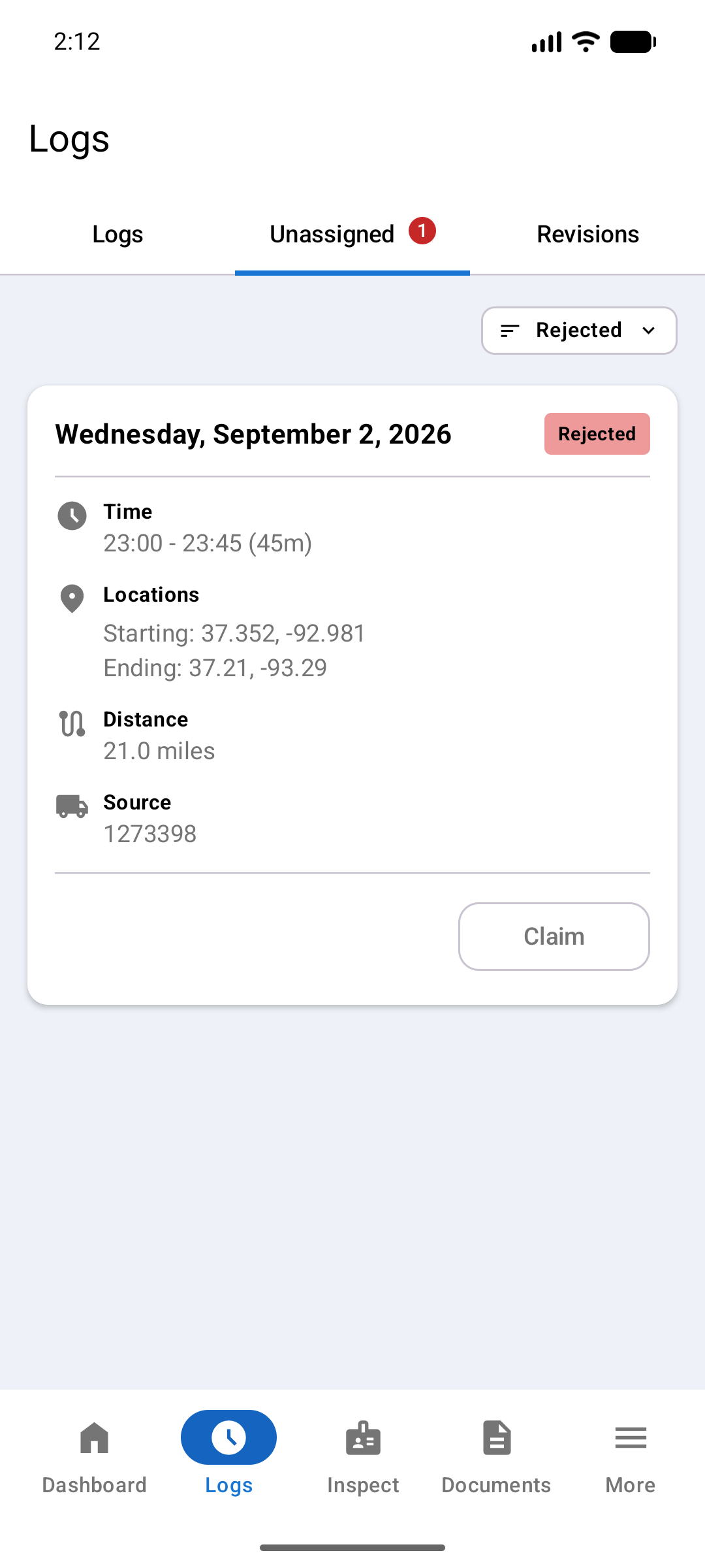 Rejected filter view showing one entry with a red Rejected badge and a Claim button to take it back