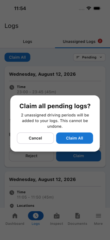 Claim all pending logs confirmation dialog