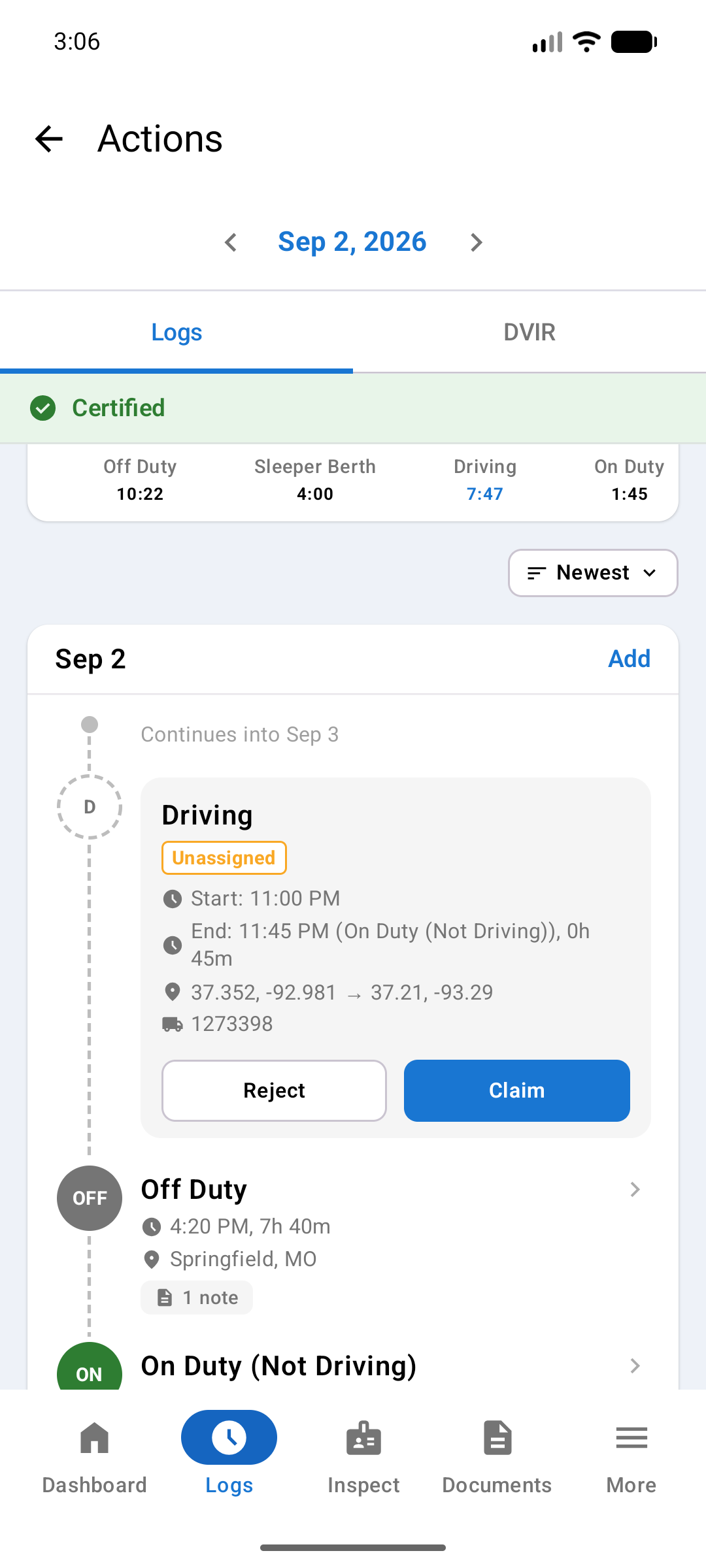 Daily log timeline with a Driving event carrying an amber Unassigned badge, its start and end times, locations and vehicle, and Reject and Claim buttons on the row