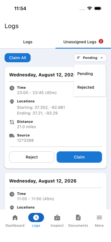 Filter dropdown showing Pending and Rejected options