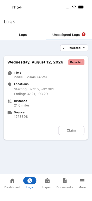 Rejected filter view with red Rejected badge