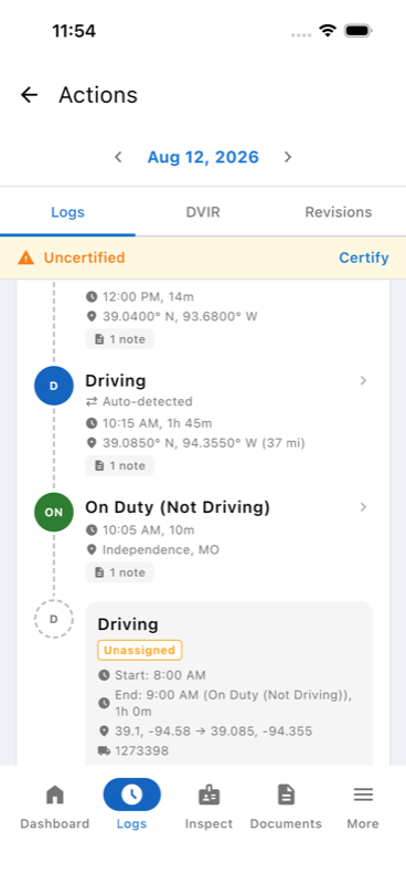 Daily log timeline showing unassigned period with Claim button