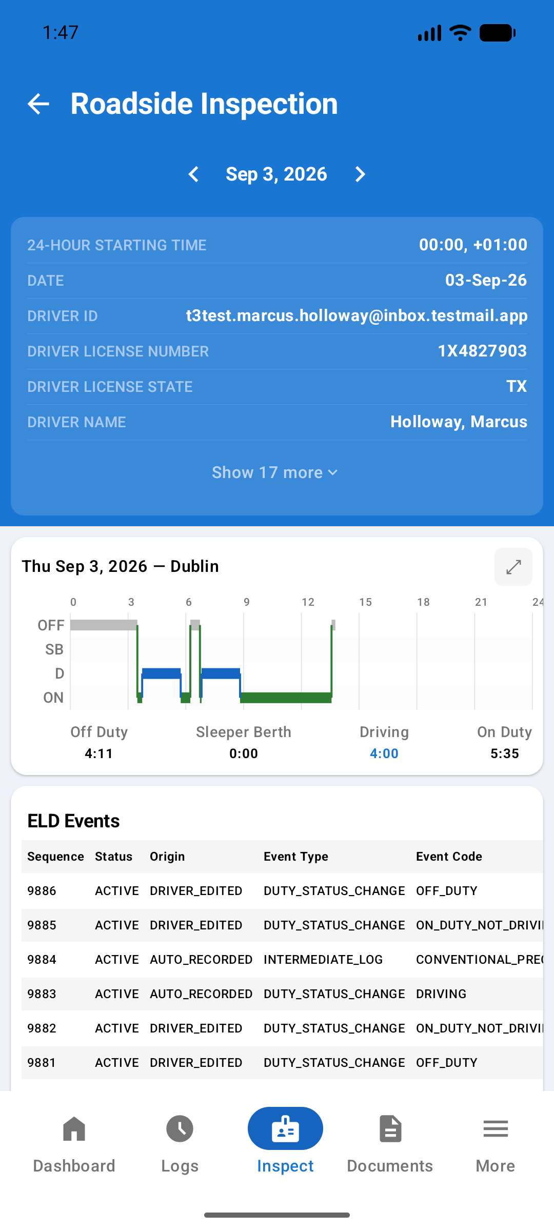 Roadside Inspection screen showing the driver and record header, the 24-hour chart, and the ELD Events table