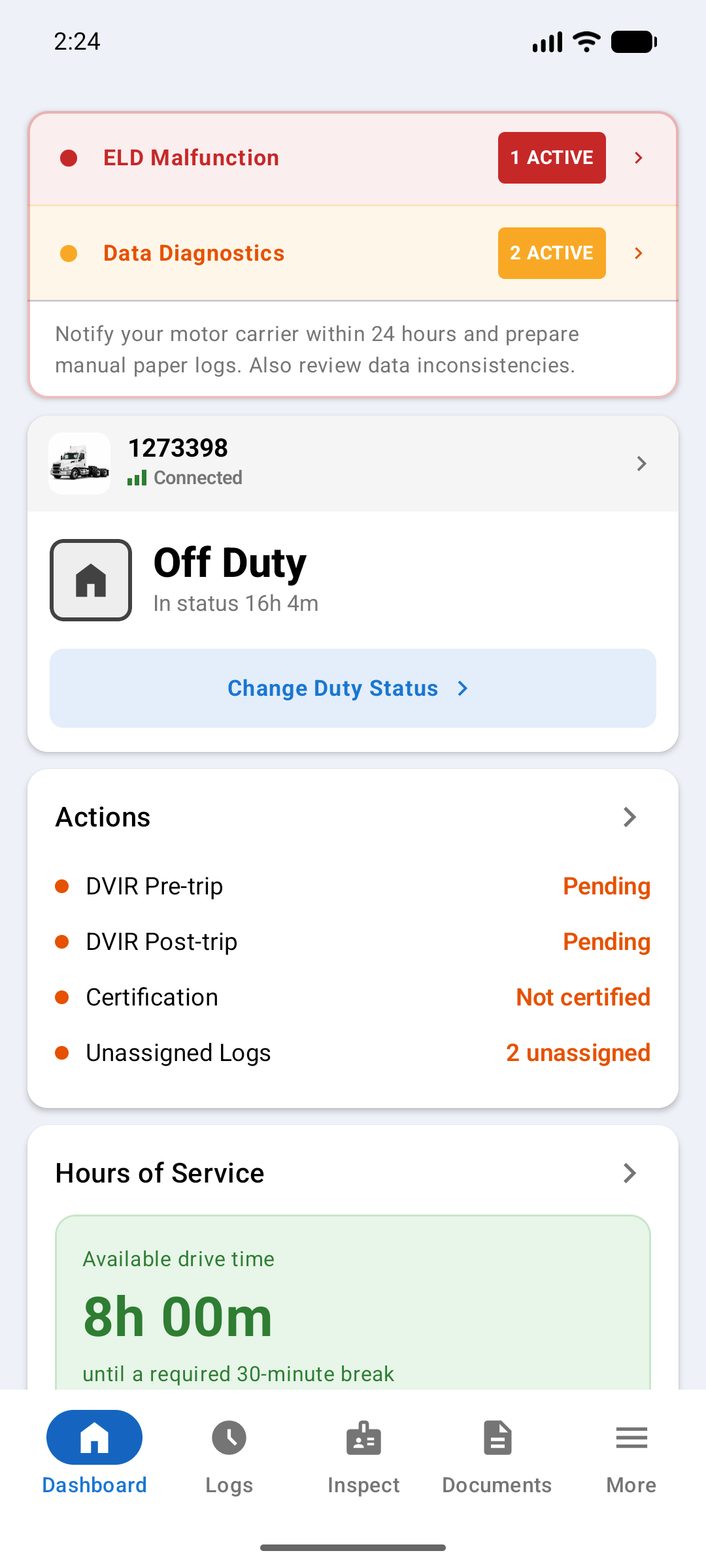 Dashboard with a red ELD Malfunction row reading 1 active above an amber Data Diagnostics row reading 2 active, and a note to notify your motor carrier within 24 hours and prepare paper logs