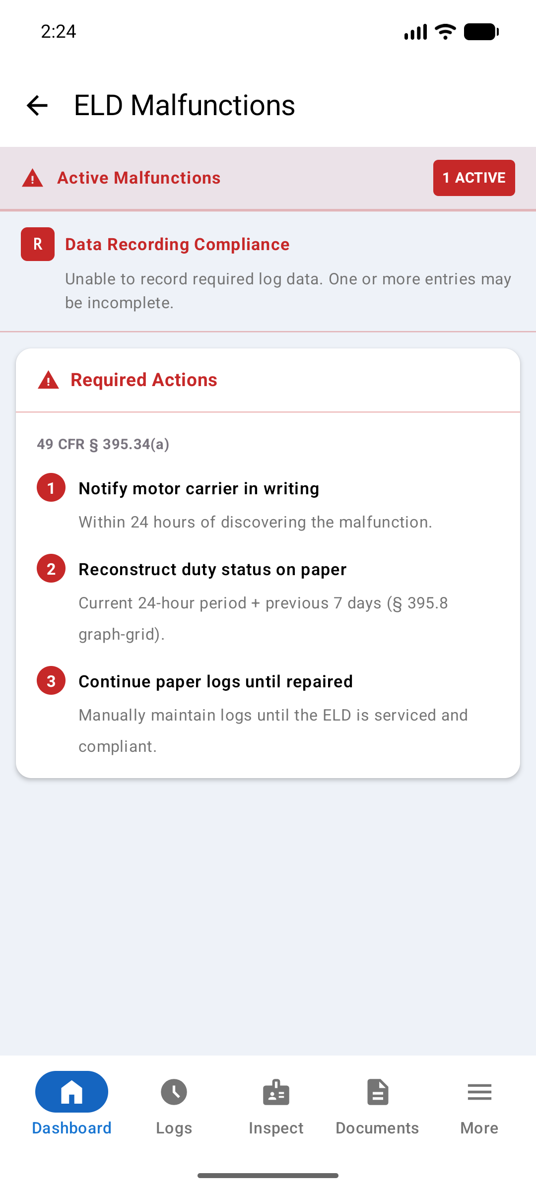 ELD Malfunctions screen listing a Data Recording Compliance malfunction, with a Required Actions card giving three numbered steps: notify the motor carrier in writing, reconstruct duty status on paper, and continue paper logs until repaired