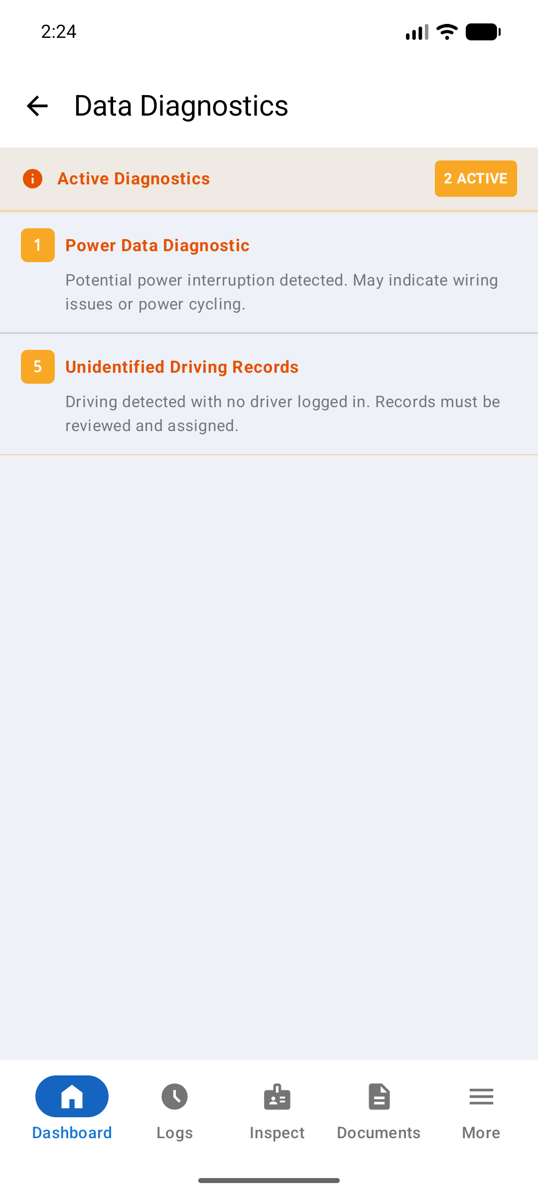 Data Diagnostics screen showing two active diagnostics: a Power Data Diagnostic and Unidentified Driving Records, each with a short explanation