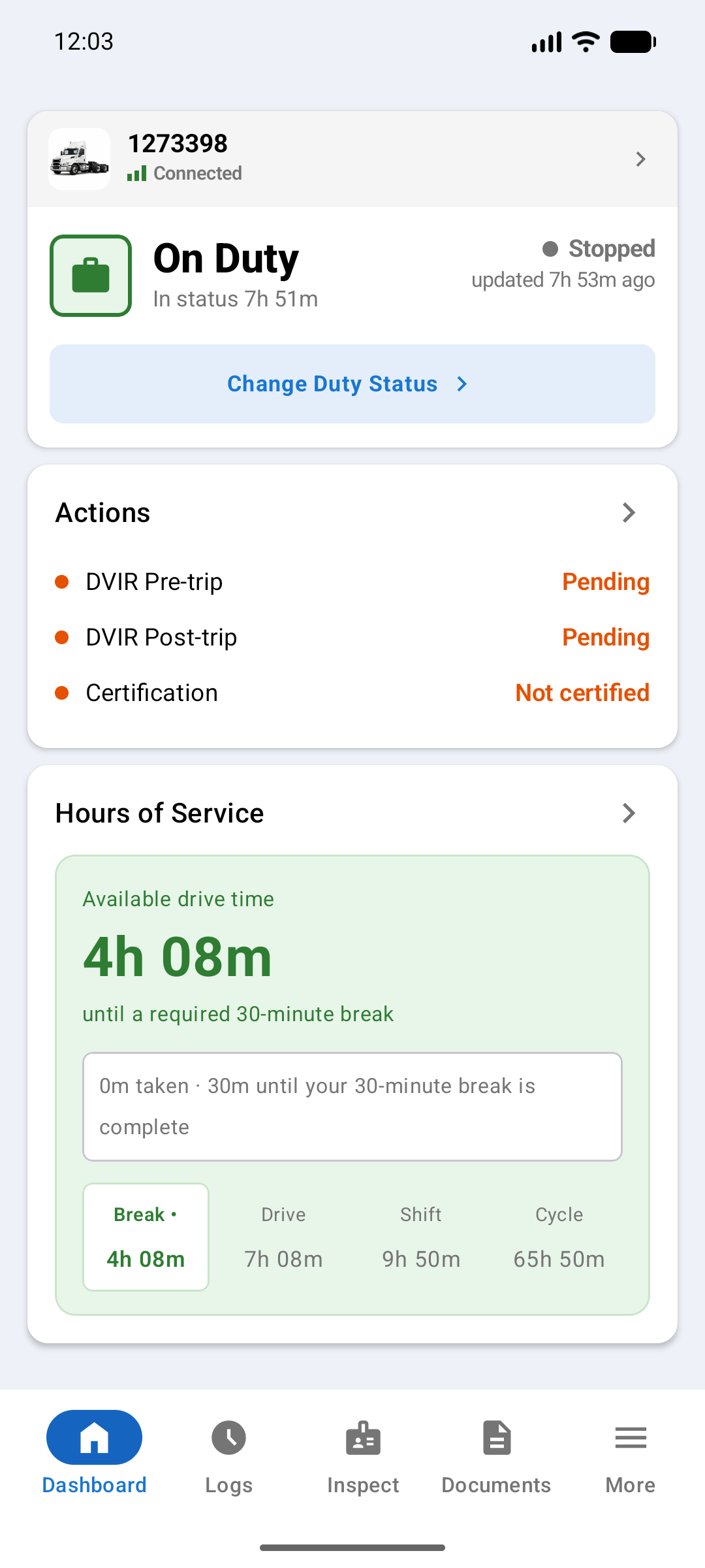 Dashboard Hours of Service card part-way through a shift, with hours used on each of the four values
