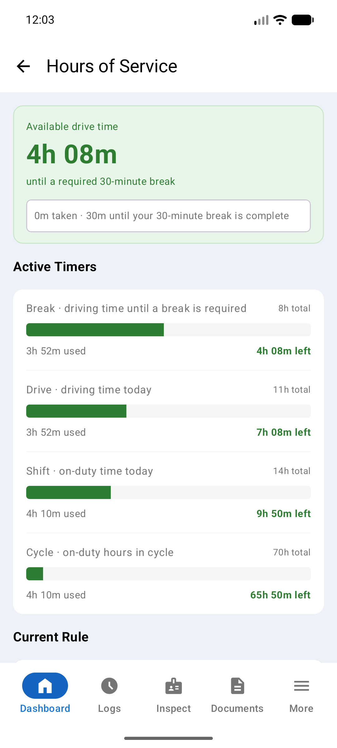 Hours of Service detail screen part-way through a shift, with all four timers carrying used hours and all within limits