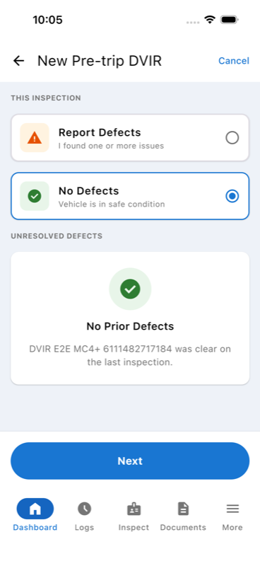 Report Defects vs No Defects choice