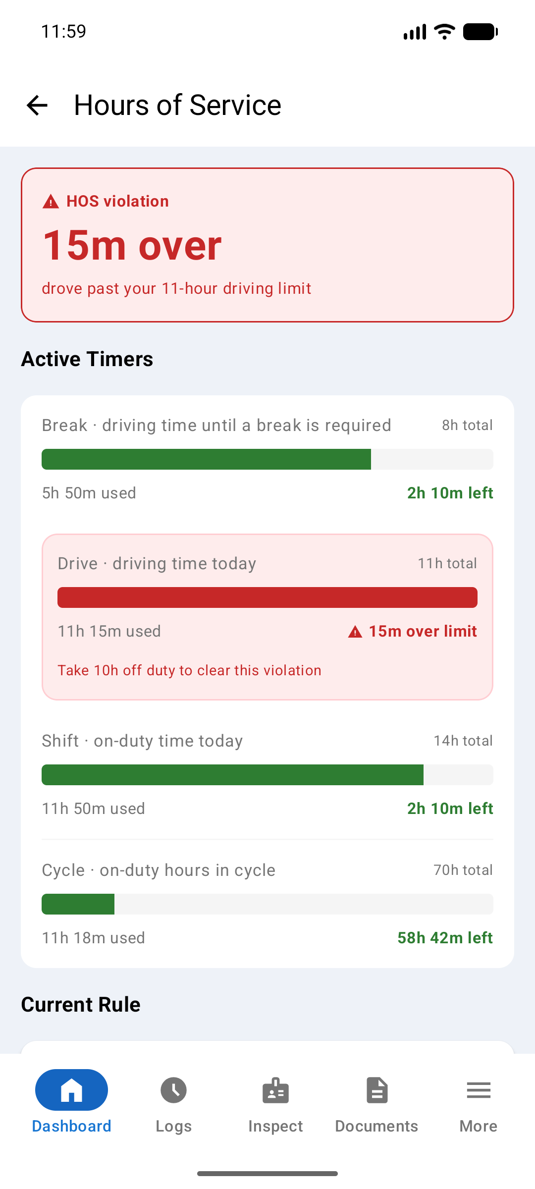 Red Hours of Service violation banner with the Drive timer highlighted in red and a remedy message