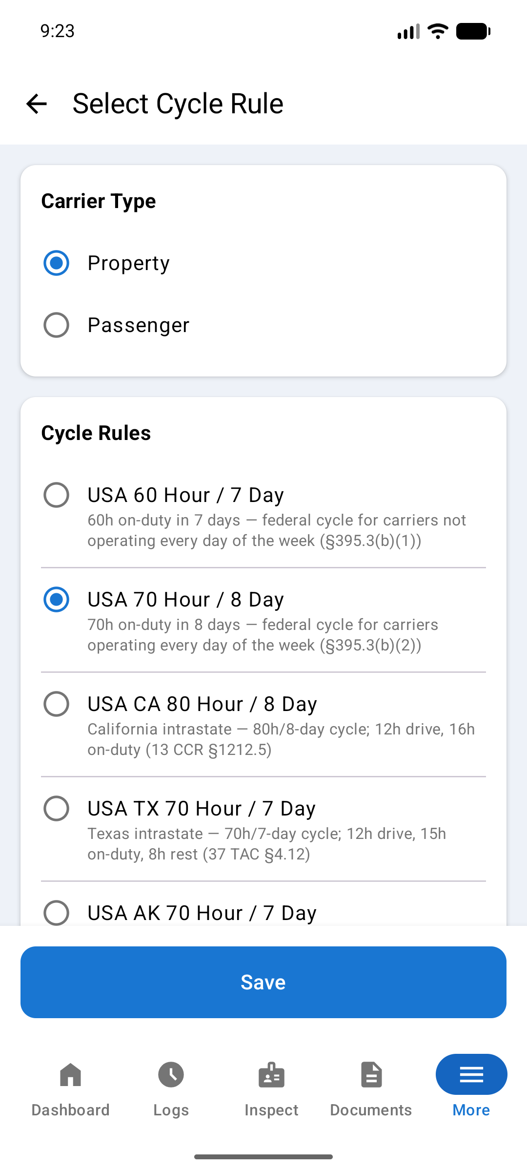 Select Cycle Rule screen with Carrier Type radio buttons and the list of cycle rules