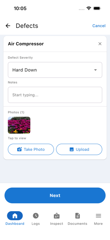 Defect details screen with a photo attached