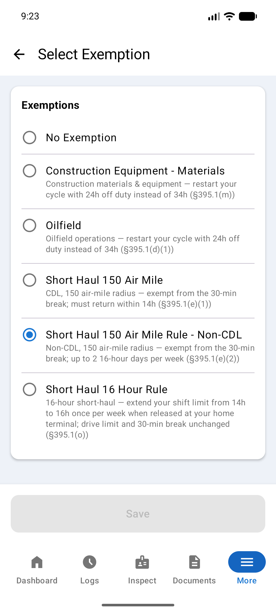 Select Exemption screen listing the six available exemptions with their regulation references