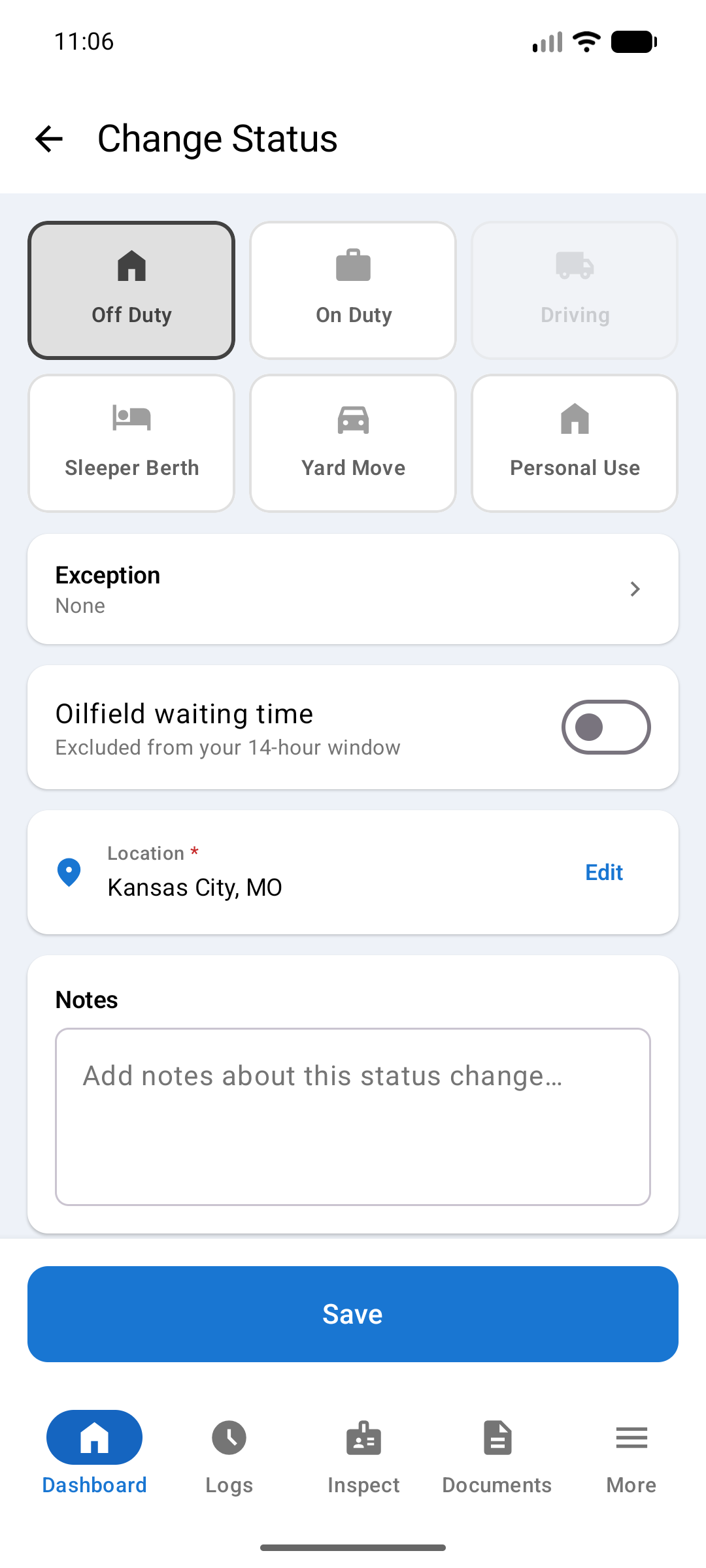 Change Duty Status screen with Off Duty selected and the Oilfield waiting time switch below it