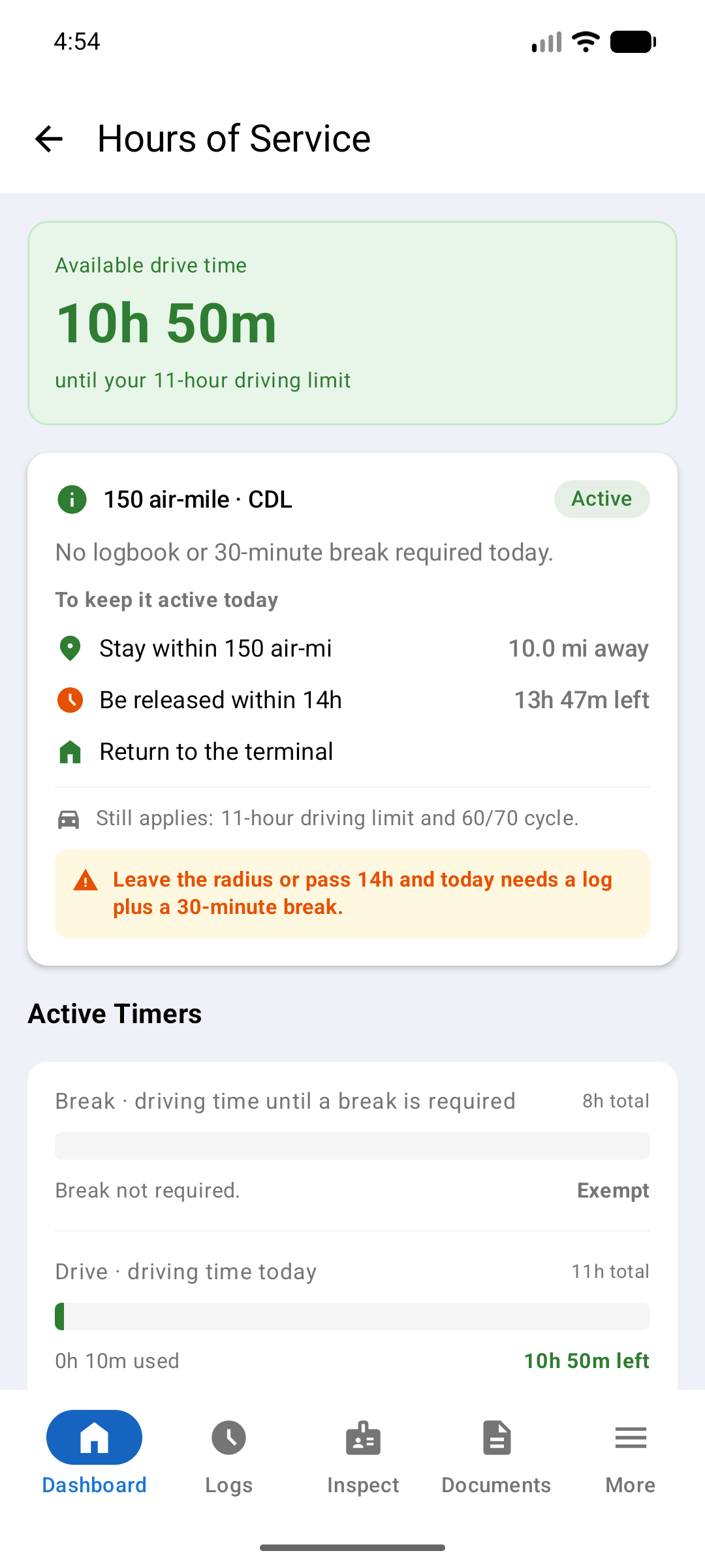 Short-haul exemption card showing Active, with distance from terminal and time until release