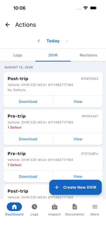 DVIR tab listing completed inspections